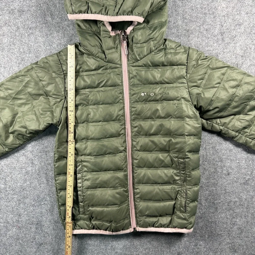 Columbia Puffer Jacket XS Olive Green Pink Trim Insulated Hooded